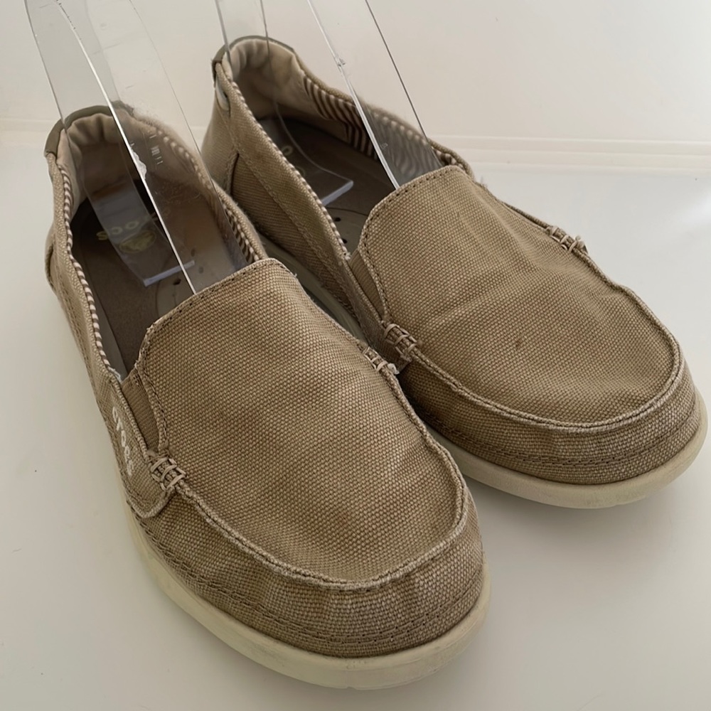 Crocs Tan Canvas Slip On Shoes 9
